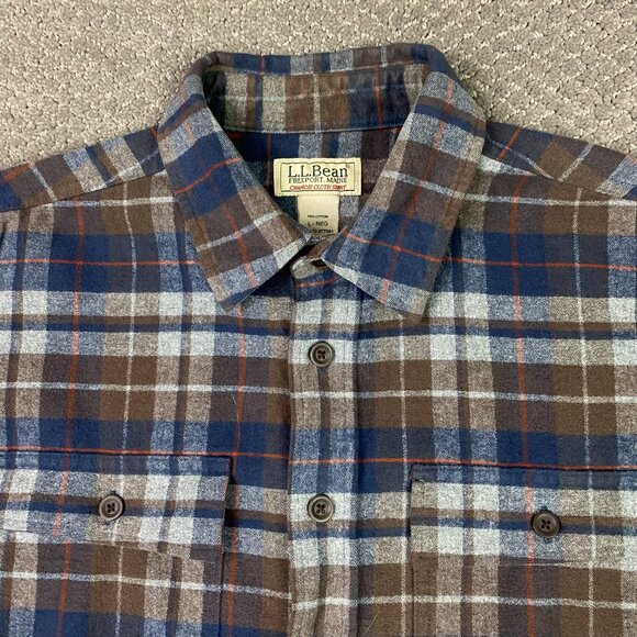 LL Bean Chamois Cloth Shirt Mens Large Brown Blue Gray Red Plaid Mix Button Down - Picture 2 of 8